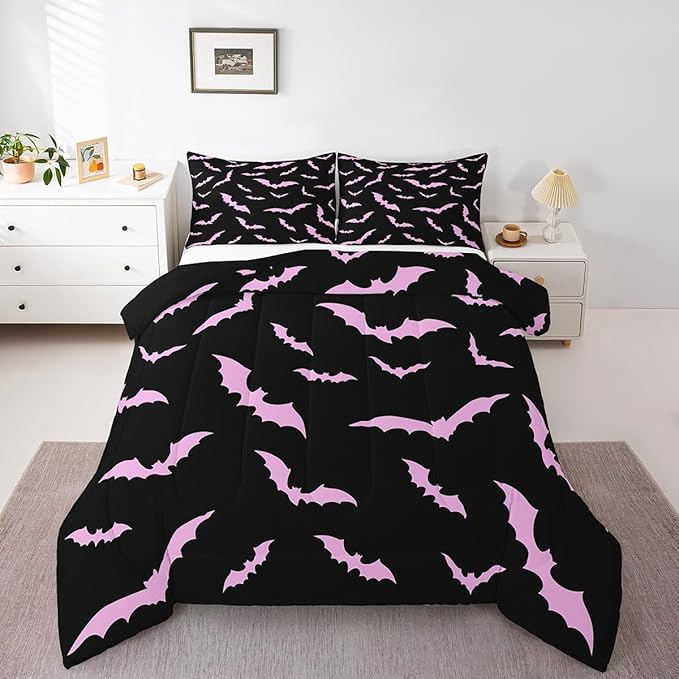 Erosebridal Halloween Bedding Set Queen Size for Kids Boys Youth Pink Bats Comforter Set Happy Holiday Gothic Quilt with 2 Pillow Cases Spooky Animal Bedding Comforter Sets