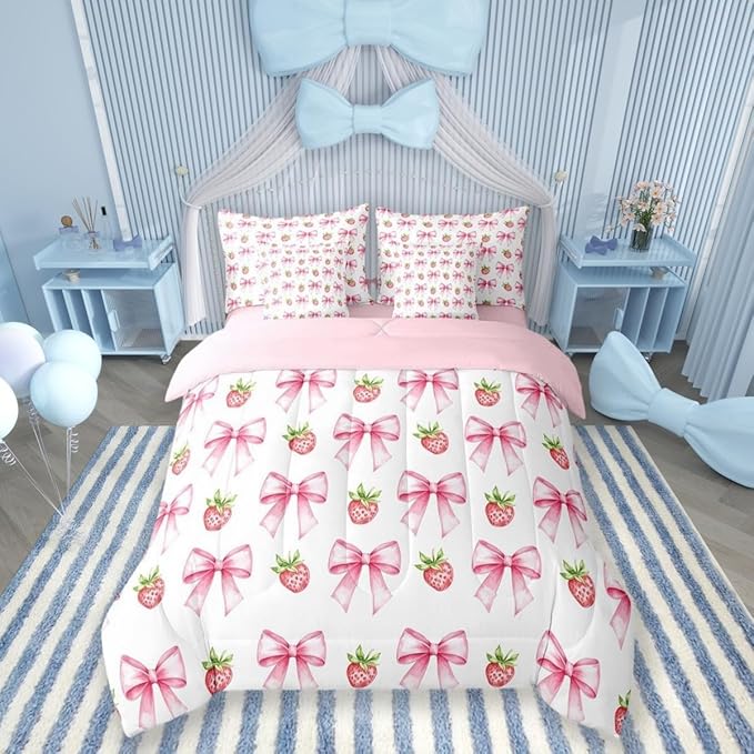 7 Pieces Pink Bowknot Kids Comforter King,Strawberry Summer Fruit Toddler Bedding Set,Bow Tie Butterfly Knot Princess Cartoon Cute（Comforter+Fitted+Flat Sheet+2 Pillowcases+2 Throw Pillow Covers）