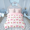 7 Pieces Pink Bowknot Kids Comforter King,Strawberry Summer Fruit Toddler Bedding Set,Bow Tie Butterfly Knot Princess Cartoon Cute（Comforter+Fitted+Flat Sheet+2 Pillowcases+2 Throw Pillow Covers）
