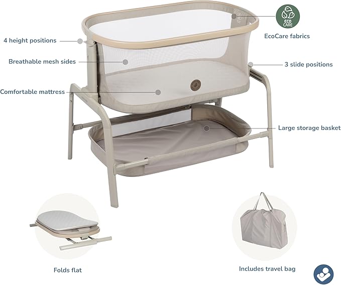 Maxi-Cosi Iora Baby Bassinets Bedside Sleeper, Portable Bassinet, Infant Bedside Sleeper Crib, Height Adjustable, Breathable Mesh, Large Storage Basket, Classic Oat