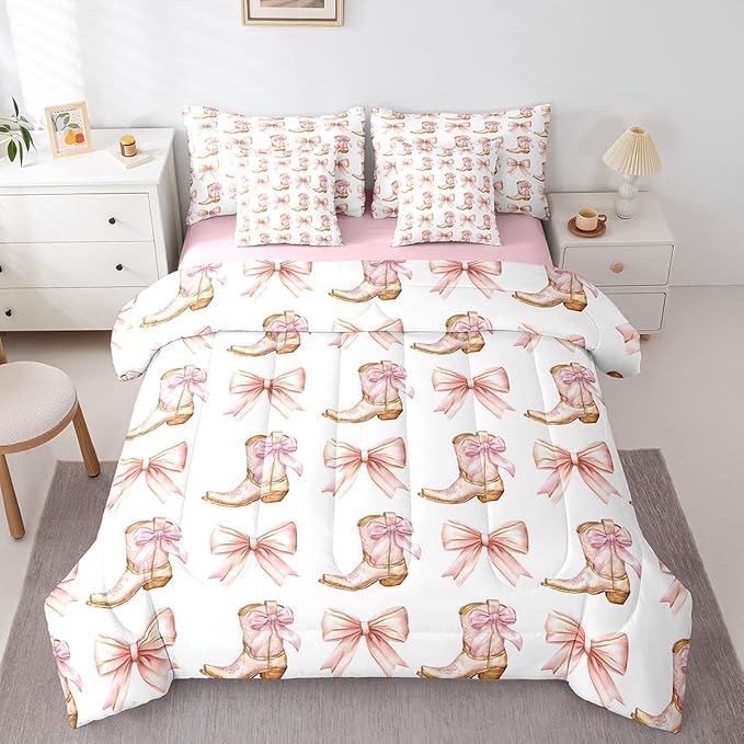 7 Pieces Western Cowgirl Comforter Set Queen,Pink Bowknot Cowgirl Boots Rustic Farmhouse Bedding Set,Bow Tie Geometric Patchwork Golden（Comforter+Fitted+Flat Sheet+2 Pillowcases+2 Throw Pillow Covers）