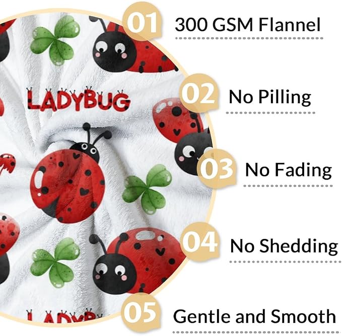 Ladybug Blanket for Women - Cute Lady Bug Print Gifts - 60 x 80 Inches White Fuzzy Throw Blankets Stuff for Bed, Living Room