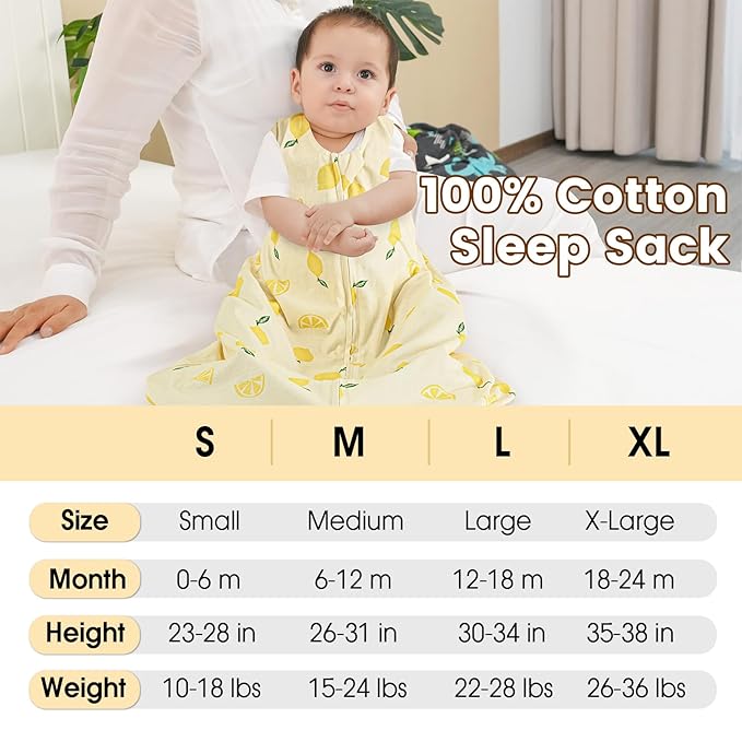 PHF Soft Baby Sleep Sack 6-12 Months 100% Organic Cotton Wearable Blanket, 2-Way Zipper 0.5 TOG Toddler Sleeping Sack 3 Pack, Comfy Sleep Bag for Baby Boys Girls, Lemon (Medium)