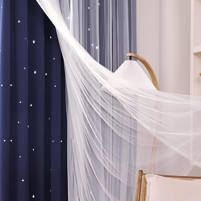 Kinryb Kids Star Cutout Curtains for Bedroom/Living Room/Classroom,2 Free Tiebacks Sheer Overlay 2 Panel Set, Double Layer Curtains for Kids Room(Each Piece W70xL84 Inches 2 Pcs Navy Blue)