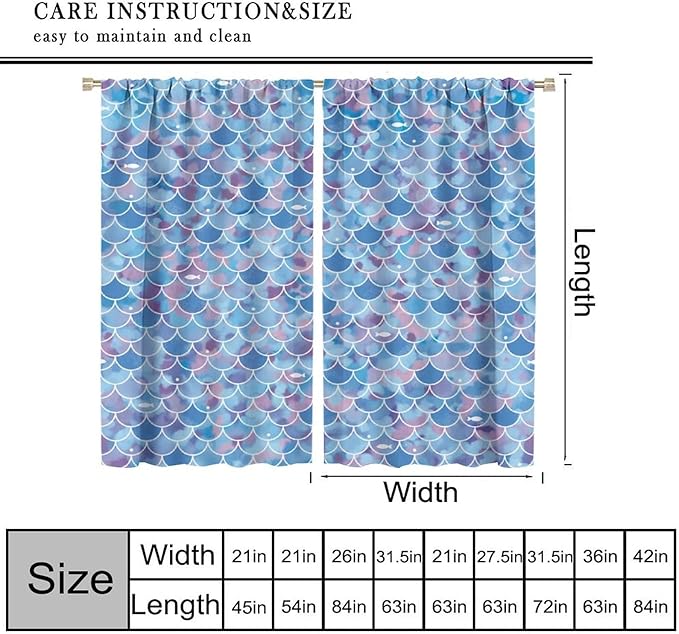 Mermaid Blackout Curtains, Kids Cartoon Blue and Pink Ocean Mermaid Scale Pattern Decoration for Girls Bedroom Nursery Curtains 63x72 Inch