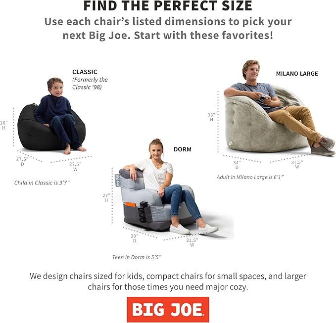 Big Joe Classic Bean Bag Chair for Kids Bedroom and Reading Nook, Easy-Clean Red, Durable Nylon Polyester Blend, 2 feet Refillable