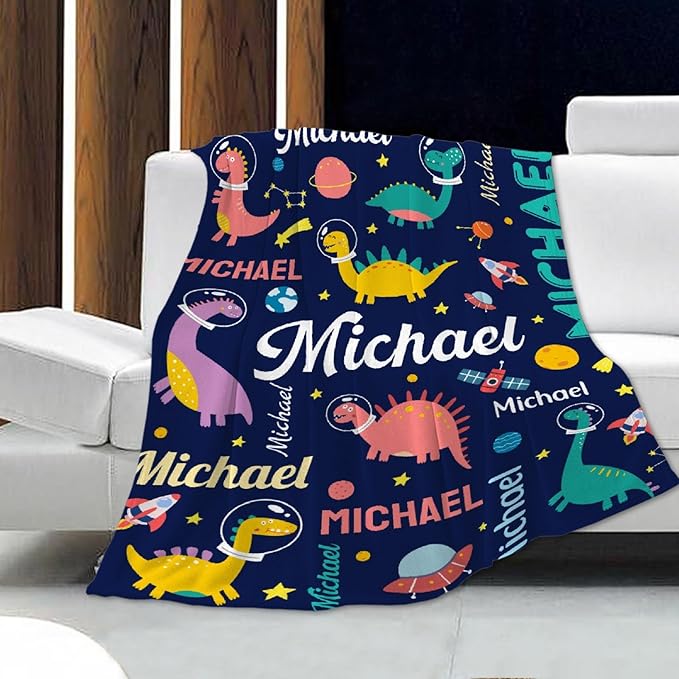 Dinosaur Lover Personalized Blanket with Custom Baby Dinosaur Custom Name Flannel Blanket Soft Throw Meaningful Gift for Toddlers Girls Boys Kids Pets 80 * 60" L for Adult