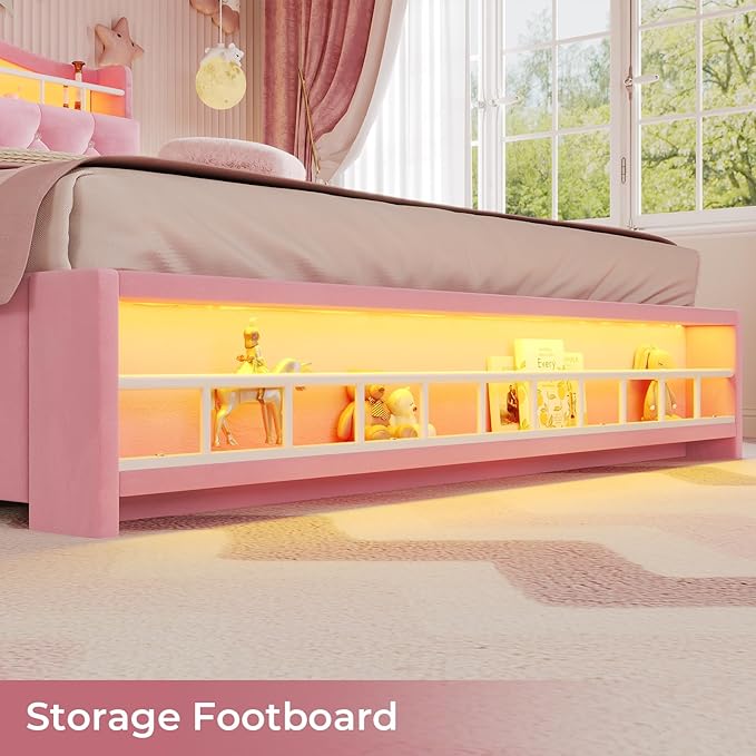 BTHFST Full Bed Frame with Storage Headboard & 4 Drawers, Girl Upholstered Storage Bed with LED Lights & Charging Station, No Box Spring Needed, Easy Assembly, Pink