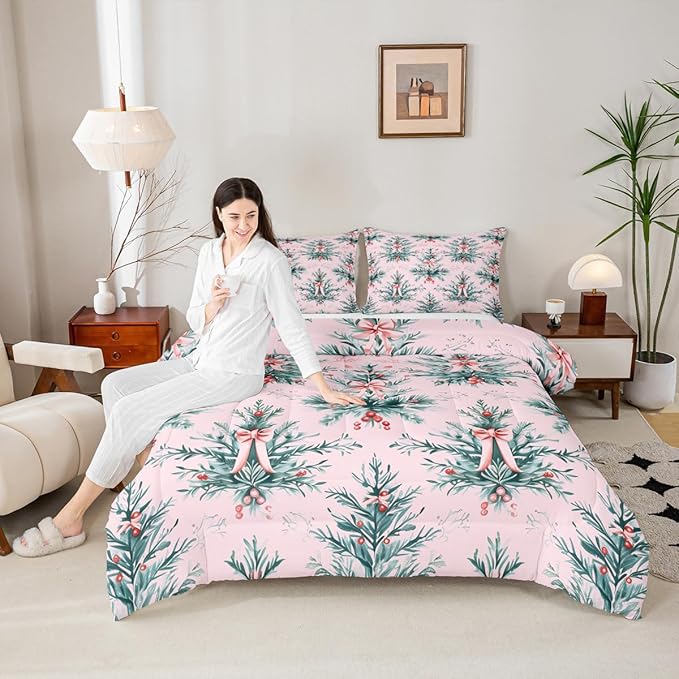 Feelyou Merry Christmas Kids Comforter Set Toddler Size Green Xmas Tree Bedding Set Pink Bow Duvet Quilt for Kids Boys Girls Bedroom Decor Microfiber Ultra Soft Breathable