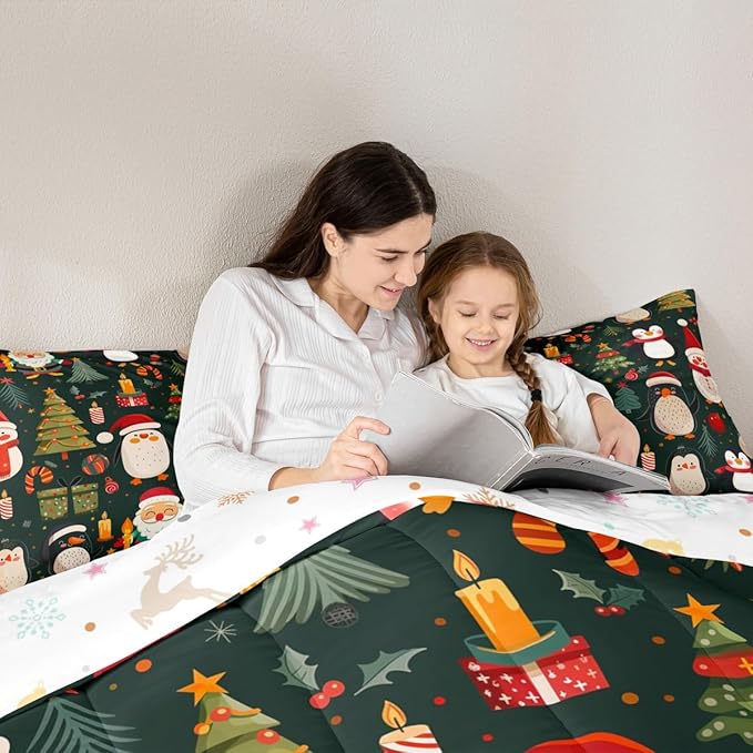 Feelyou Christmas Bedding Set Soft for Boys Girls, Penguin Santa Comforter Set Toddler Size Xmas Tree Snowflake Duvet Quilt Microfiber New Year Gift Bedroom Decor 2 Pcs with 1 Pillow Cases
