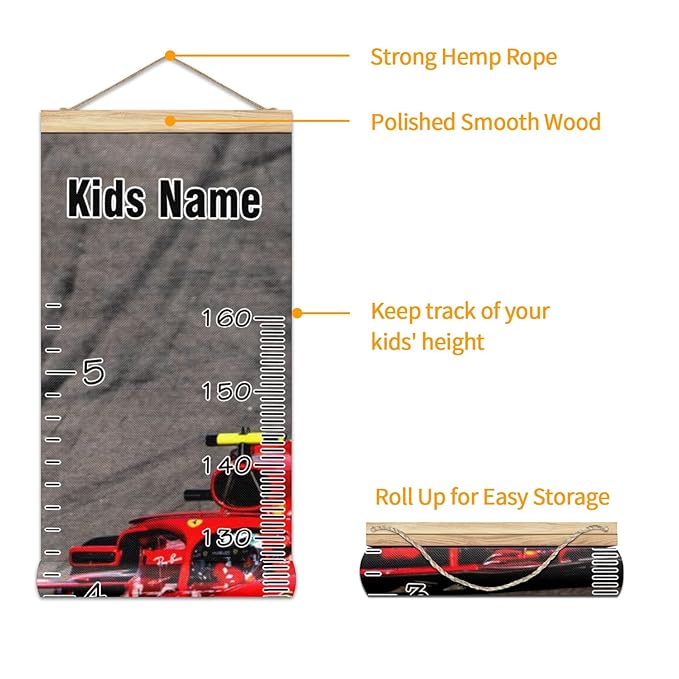 Personalized Kids Name Growth Chart Ruler for Wall Wood Frame Height Measure Chart 13.4x56 in Linen Hanging Height Growth Chart Race Car Kids Room Decor