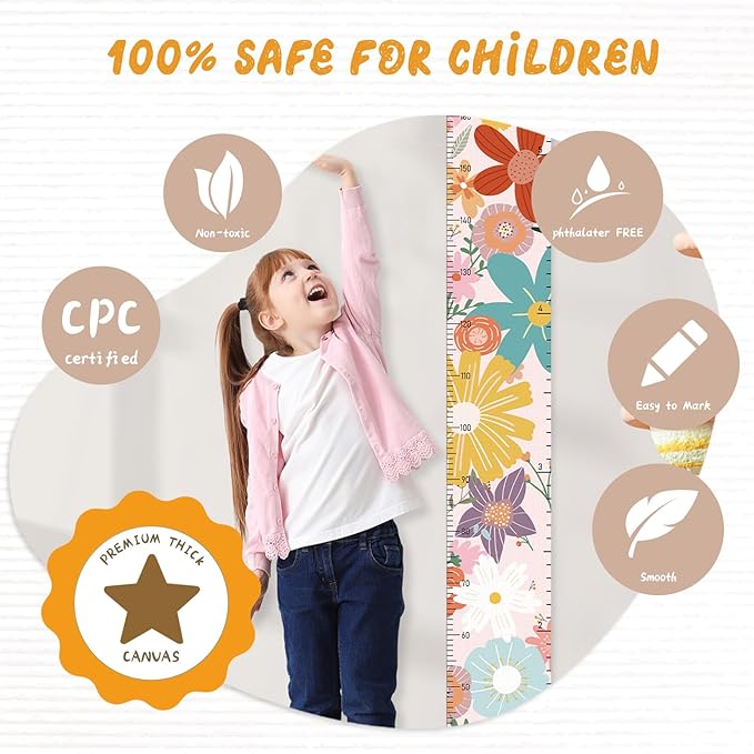 Personalized Name Growth Chart for Wall, Painted Flowers Canvas Height Chart for Kids Baby Child Toddler, Canvas Growth Chart for Wall Nursery Decor, Hangable & Waterproof