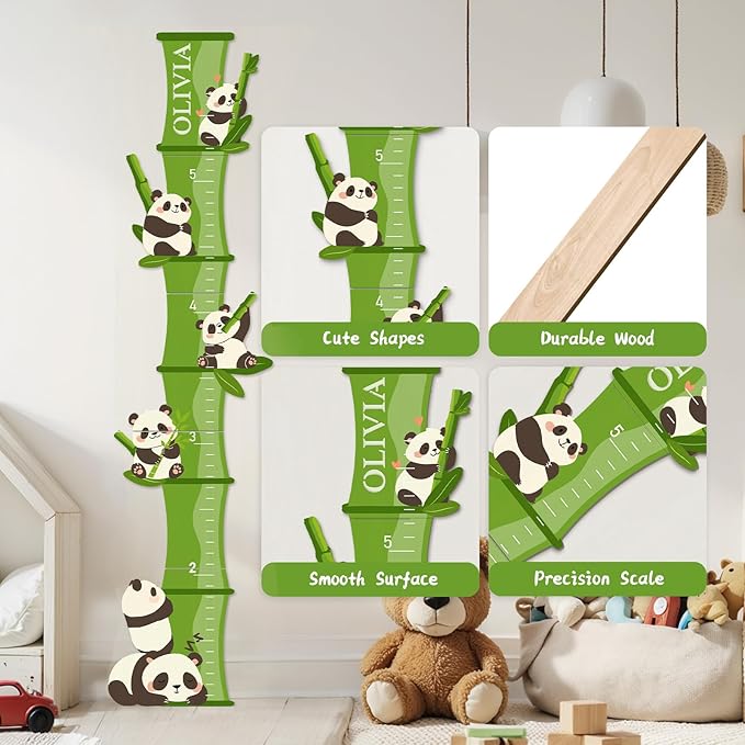 Personalized Name Growth Chart, Bamboo Panda Wooden Height Chart, Thick Height Measuring Board, Kids Height Tracker for Nursery Decor, Baby Boy Girl Measurement Ruler