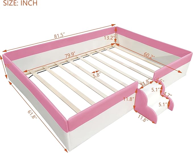 Merax Upholstered Kids' Daybed, Daybed Frame with Fence and Stairs, No Box Spring Needed, Queen Size, Pink+White
