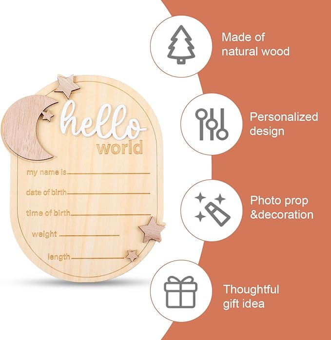 Lusofie Baby Announcement Sign Wooden Moon And Stars Welcome Baby Sign Baby Name Sign For Baby Announcement Birth Announcement Sign For Photo Props Baby Shower Hospital Nursery