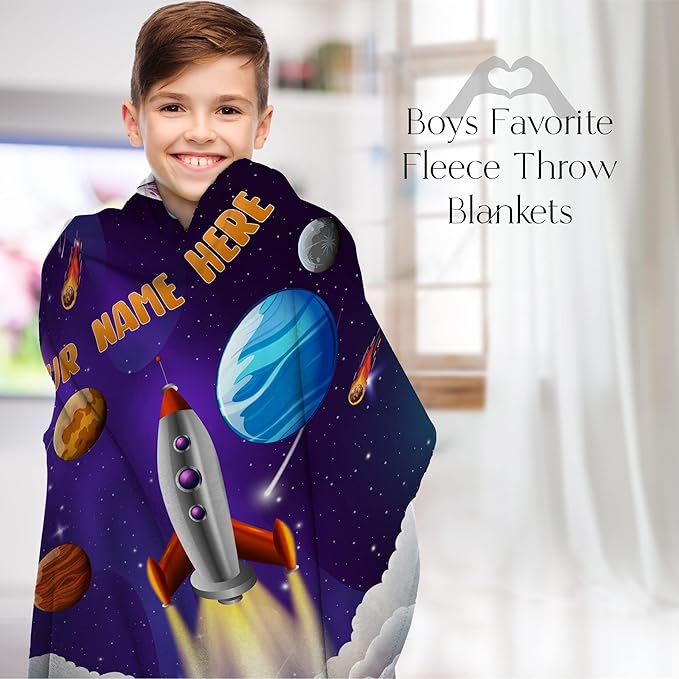 Custom Rocket Ship Blanket for Kids, Cute Custom Name Throw for Boys and Girls, Fun Outer Space, Galaxy, and Planets, Soft and Plush, Birthday or Christmas, (Fleece 30x40)
