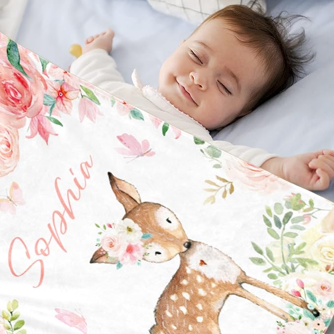 Personalized Deer Baby Blanket for Girl, Custom Name Blanket for Newborn Girl, Soft Flannel Toddler Blanket Customized Gift for Birthday Christmas Baby Shower 60" X 80"