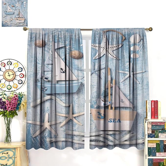 Nautical Curtain,Navy Anchor Sailing Map Starfish Seashells Bedroom Curtain,Waterproof Washable Fabric for Bedroom Decor Set 2 Panels,84x84 Inches