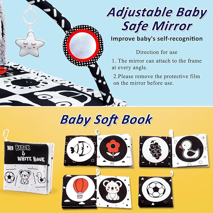 Black and White Baby Gym Play Mat with 6 Toys Tummy Time Activity Mat for Babies 0-6 6-12 Months High Contrast Baby Gyms & Playmats Sensory Toys Newborn Brain Development Infant Play Mat