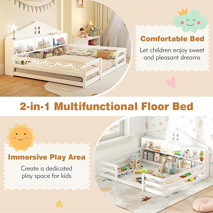 Giantex Full Size Montessori Floor Bed with LED Lights, 2-in-1 Wooden House Bed Frame with Safety Guardrails, Storage Compartments & Shelf, No Box Spring Needed, Without Slats, White