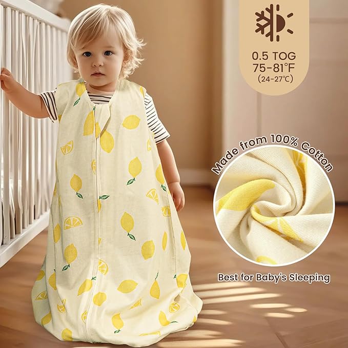 PHF Soft Baby Sleep Sack 6-12 Months 100% Organic Cotton Wearable Blanket, 2-Way Zipper 0.5 TOG Toddler Sleeping Sack 3 Pack, Comfy Sleep Bag for Baby Boys Girls, Lemon (Medium)