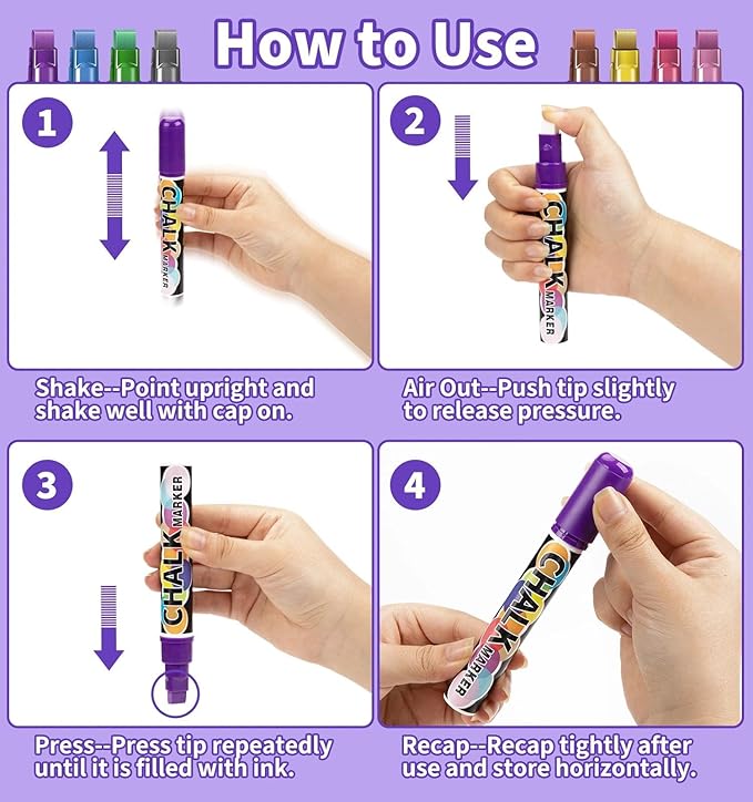 Liquid Chalk Markers for Blackboard, 8 Metallic Color Dry Erase Marker Pens with 10mm 3 in 1 Reversible Tip, Washable Chalkboard Markers Car Window Paint Pens for Christmas Glass Mirror Decor for Kids