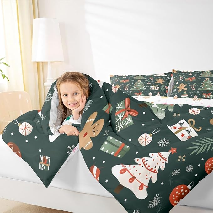 Feelyou Christmas Comforter Set Full Size Xmas Tree Bedding Set for Kids Boys Girls Gingerbread Man Duvet Quilt New Year Gift Bedroom Decor Microfiber 3 Pcs with 2 Pillow Cases