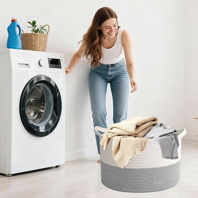 Large Blanket Basket for Organizing,65L Closet Organizers and Storage Bins Box for Shelves Woven Rope Storage Baskets,Living Room,Bedroom,Dorm,Laundry room (White&Grey)