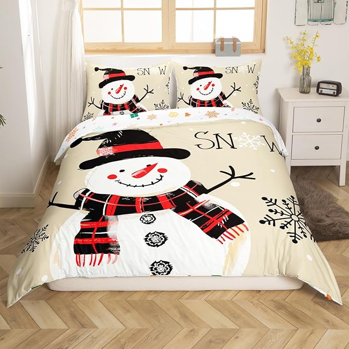Manfei Kids Snowman Duvet Cover Set Twin Size, Black Snowflake Xmas Comforter Cover with 1 Pillowcase, Christmas Theme Bedding Set 2pcs for Boys Girls Adults New Year Bedspread Cover,No Comforter