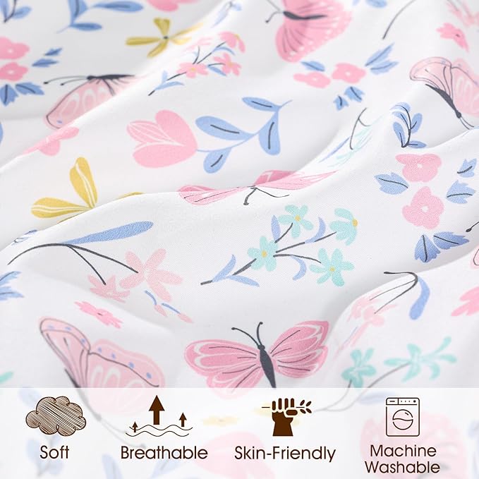 PHF 3 Pack Soft Butterfly Crib Sheets Fitted, Comfy Breathable Baby Sheets for Girls, 28x52 Inches Fits Standard Crib and Toddler Mattresses, Butterfly