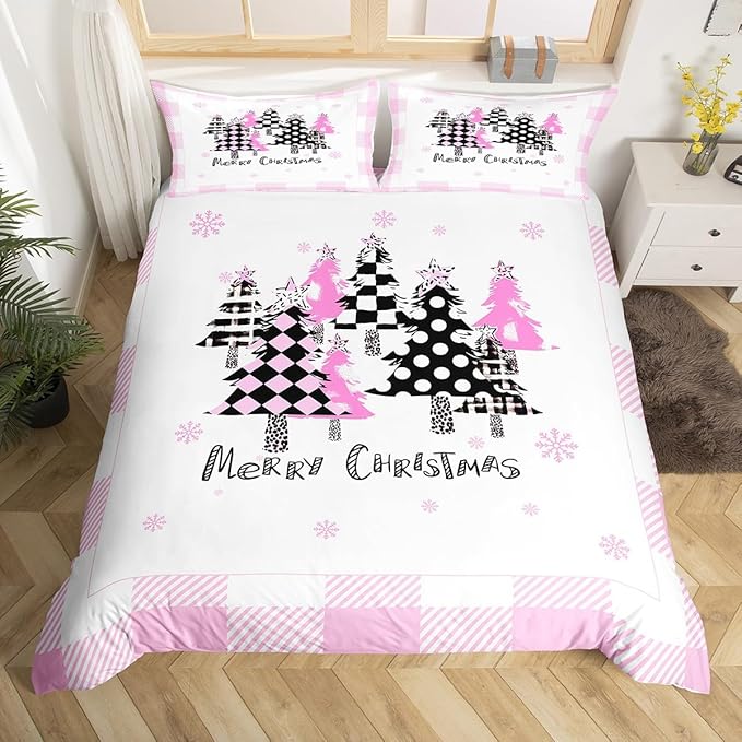Manfei Xmas Trees Duvet Cover Set King Size, Pink Plaid Grid Snowflake Comforter Cover with 2 Pillowcases, Christmas Theme Bedding Set for Kids Girls Room Decor New Year Bedspread Cover, No Comforter