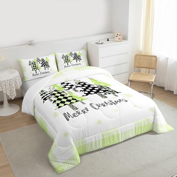 Manfei Xmas Trees Comforter Set Twin Size, Green Plaid Grid Snowflake Bedding Set 2pcs for Kids Girls Adults Bedroom Decor, Christmas Theme Down Comforter New Year Quilt Set with 1 Pillowcase