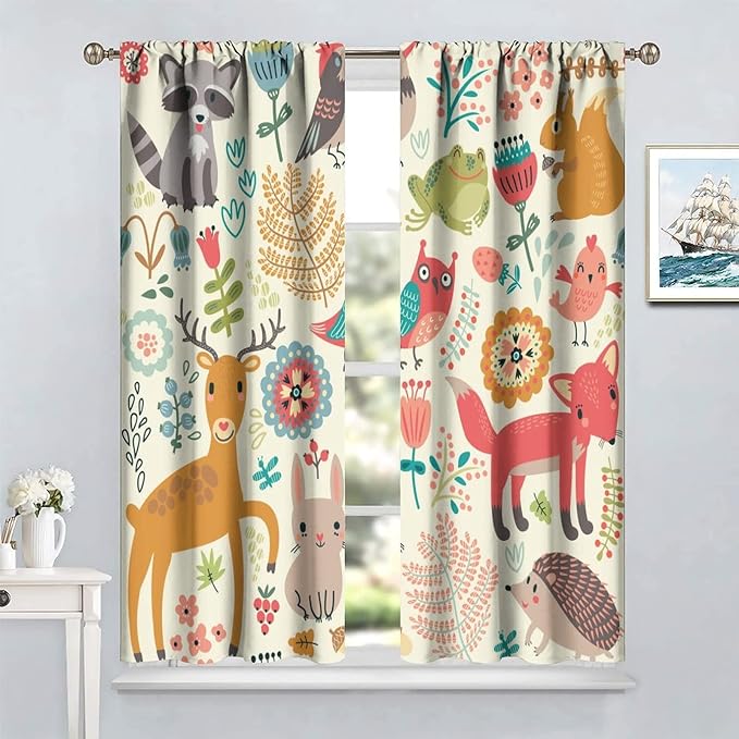 Kids Baby Woodland Blackout Curtains,Forest Animals Plants Cartoon Funny Colorful Deer Fox Owl Pattern Thermal Insulation Window Drapes for Boys Girls Children's Bedroom 72x63in