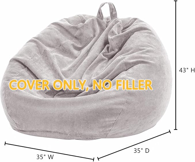 Nobildonna 3 ft Bean Bag Chair Cover (No Filler) 35"×43" Large Stuffed Animal Storage Bean Bag Washable Big Beanbag Chair Cover Premium Corduroy Bean Bag Cover for Adults,Kids,Light Grey 300L
