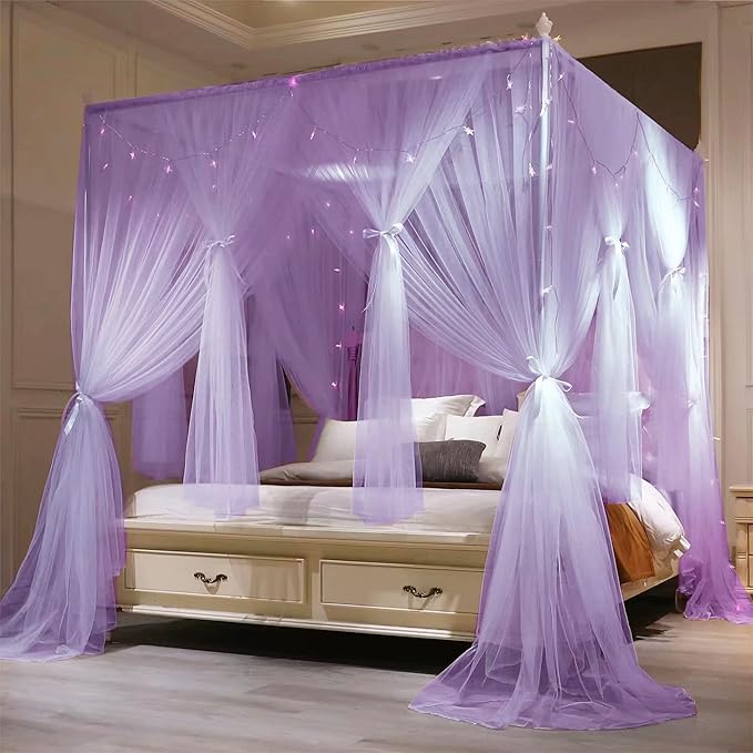 VETHIN 4 Corners Post Princess Bed Canopy Curtain Double Layer Cozy Drape Netting 4 Opening Mosquito Net for Girls & Adults Bedroom Decoration Accessories (Double Purple,59" W*82" L*82"*H/(Queen))