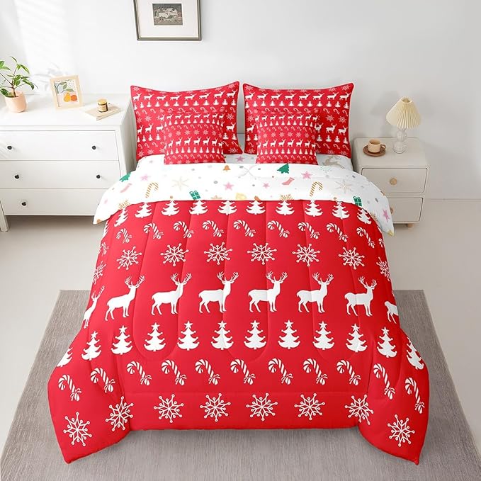 Erosebridal Christmas Full Bedding Set 7 Piece,Xmas Elk Deer Bed in A Bag,Winter Snowflake Comforter Set Candy Pine Tree Sheet Set with Comforter,Red Christmas Decoration