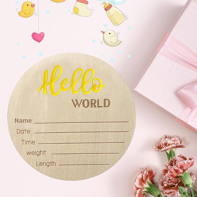 Baby Announcement Sign, 5.9 Inch Wooden Hello World Newborn Signs, Birth Announcement Sign, Baby Shower Hospital Nursery for Newborn Boys and Girls… (Yellow)