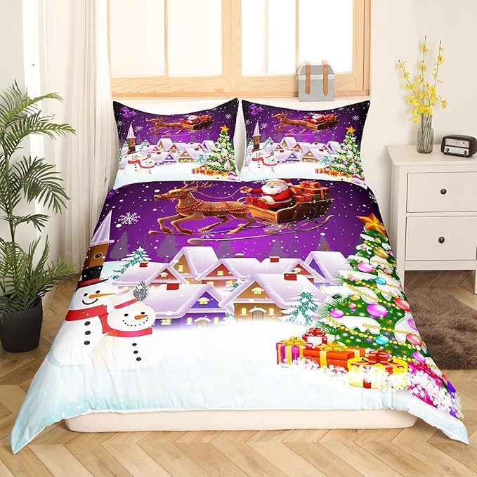 Manfei Xmas Duvet Cover Set King Size, Snowman Christmas Tree Bedding Set for Kids Boys Girls, Santa Claus with Reindeer Comforter Cover New Year Theme Quilt Cover with 2 Pillowcases, No Comforter