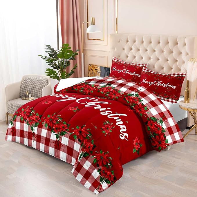 LUVIVIHOME 3PCS Merry Christmas Comforter Set King, Farmhouse Bedding, Holiday New Year Xmas Floral Checkered Red Buffalo Plaid Bedding, Poinsettia Christmas Decorations, Xmas Gifts, 2 Pillow Cases
