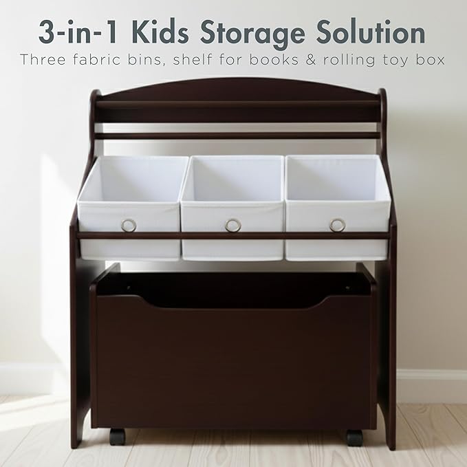 Humble Crew 3-in-1 Kids Bookshelf and Toy Storage Organizer, Espresso/White - Toddler Organizers with Rolling Toy Box and 3 Fabric Bins – Sturdy Baby Book Shelf, Perfect for Nursery and Playroom