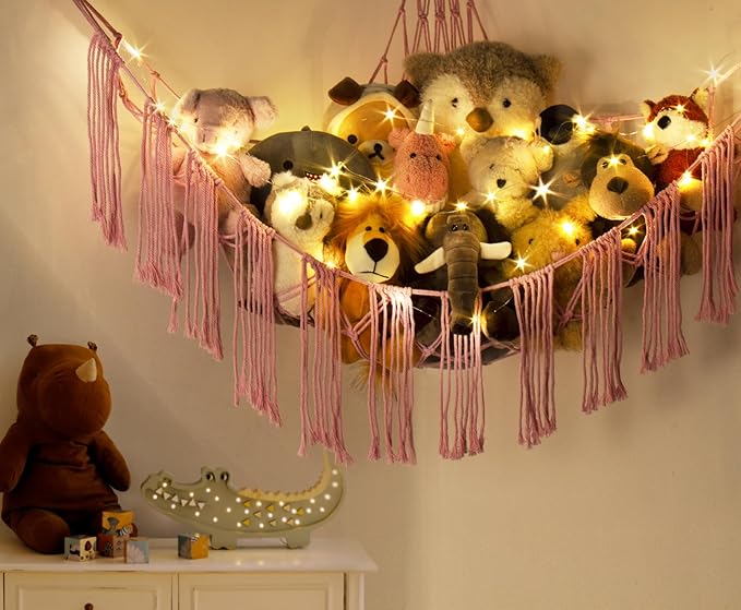Stuffed Animal Hammock Corner Net with LED Light - Toy Storage Holder - Pink Cute Room Bedroom Decor for Teen Girls - Cute Bedroom Aesthetic Stuff for Baby Nursery Toddler Kids 8-10 - 12 Years Old