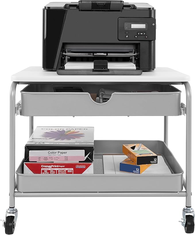 Seville Classics Rolling Utility Organizer Storage Cart, for Home Office, School, Classroom, Scrapbook, Hobby, Craft, Under The Desk Storage/Printer Cart 1 Drawer, White