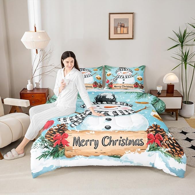 Feelyou Merry Christmas Comforter Set Twin Size Cute Snowman Bedding Set for Kids Boys Girls Snowflake Duvet Quilt Winter Bedroom Decor Microfiber 2 Pcs with 1 Pillow Cases