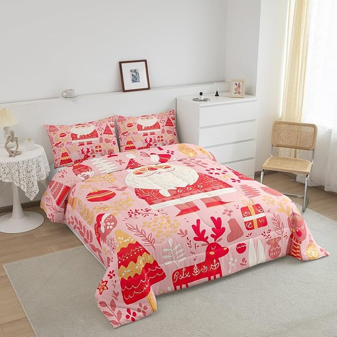 Feelyou Cute Santa Claus Bedding Set for Kids Boys Girls Queen Size Xmas Deer Elk Decor Comforter Set Ultra Soft Comforter Xmas Tree Duvet Quilt Bedroom Decor Christmas Decor Quilt