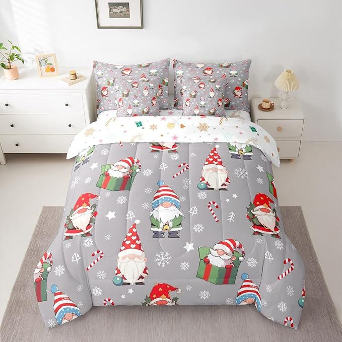 Christmas Gnomes Comforter Set With Sheets 7 Piece King Size Cute Snowflakes Candy Bedding Set for Kids Boys Girls Grey Bed in a Bag Reversible Xmas Decor Room Decor Soft Lightweight Microfiber