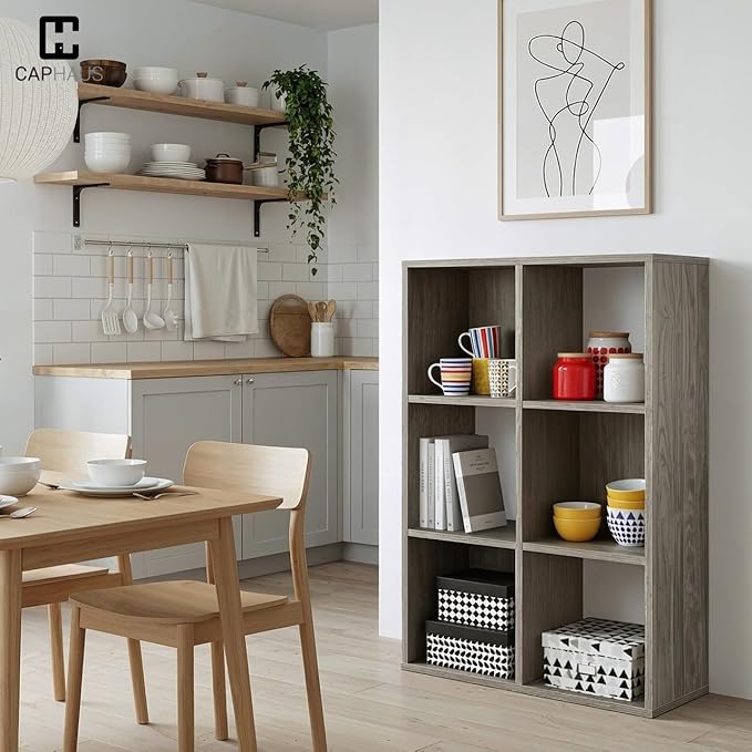 CAPHAUS 11-Inch Cube Storage Organizer Shelf, Home Storage Shelf Divider w/Back, 6-Cube Storage Bookcase, Dark Grey