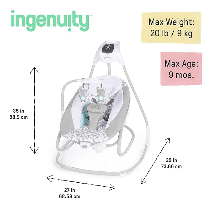 Ingenuity 2-in-1 SimpleComfort Lightweight Compact 6-Speed Multi-Direction Baby Swing & Rocker, Vibrations & Nature Sounds, 0-9 Months 6-20 lbs (Raylan)