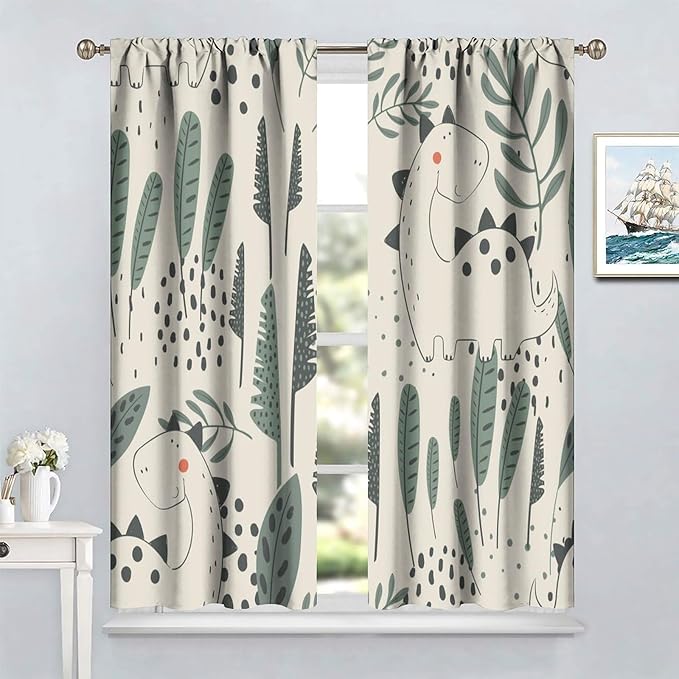 Funny Dinosaur Curtains, Jungle Cute Cartoon Animals Tropical Leaves Plant Beige Green Print Blackout Window Treatments for Kids Boys Girls Bedroom Living Room 63x72in