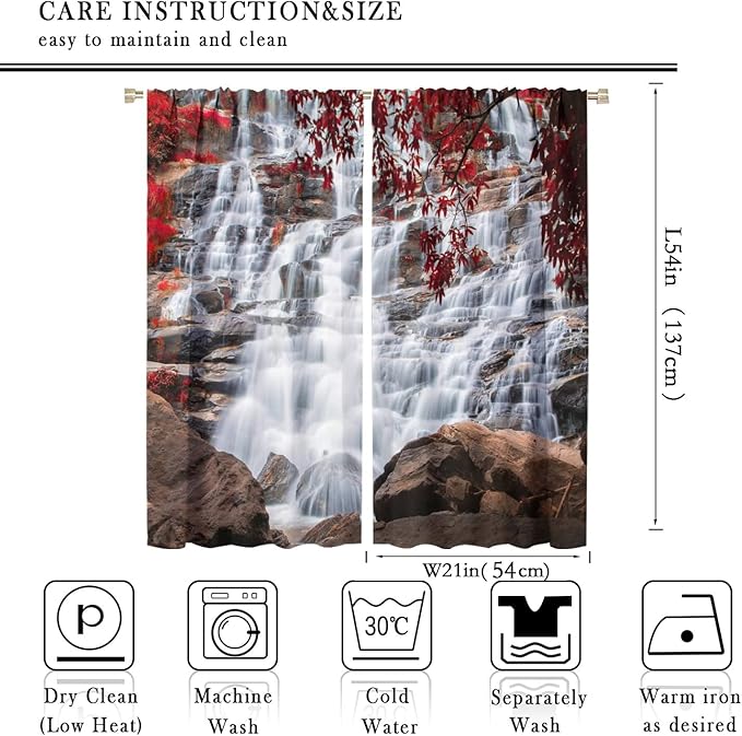 Waterfall Blackout Windows Curtains, Waterfall Red Forest Pattern Nature View Curtains, for Living Room Bedroom 42x54in 2 Panels