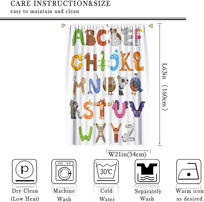 Kids Alphabet Curtains Cartoon Animal Baby Children Funny Learning Educational Curtain with Rod Pocket for Bedroom Nursery Decor Drapes Window Treatments 2 Panels Set 42x63in